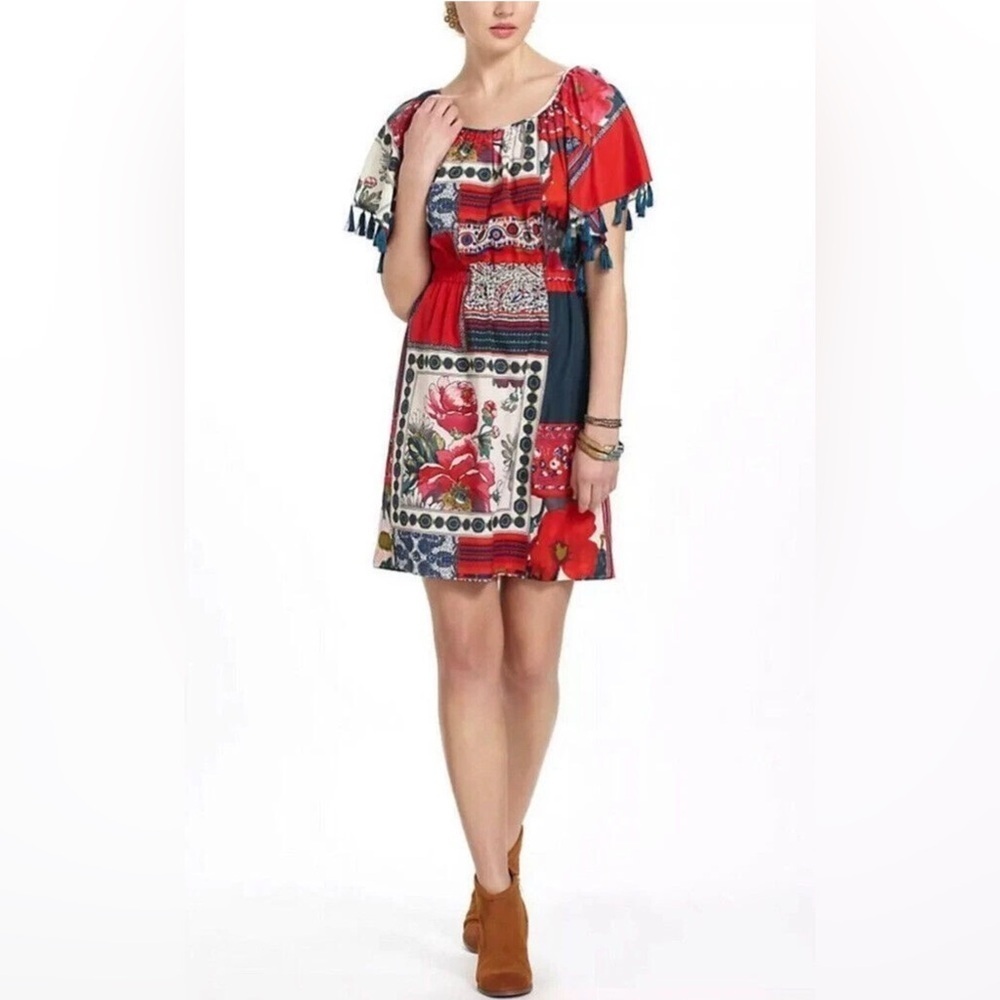 ANTHROPOLOGIE VANESSA VIRGINIA Persian Red Rose Patchwork Tassel Dress Size XS